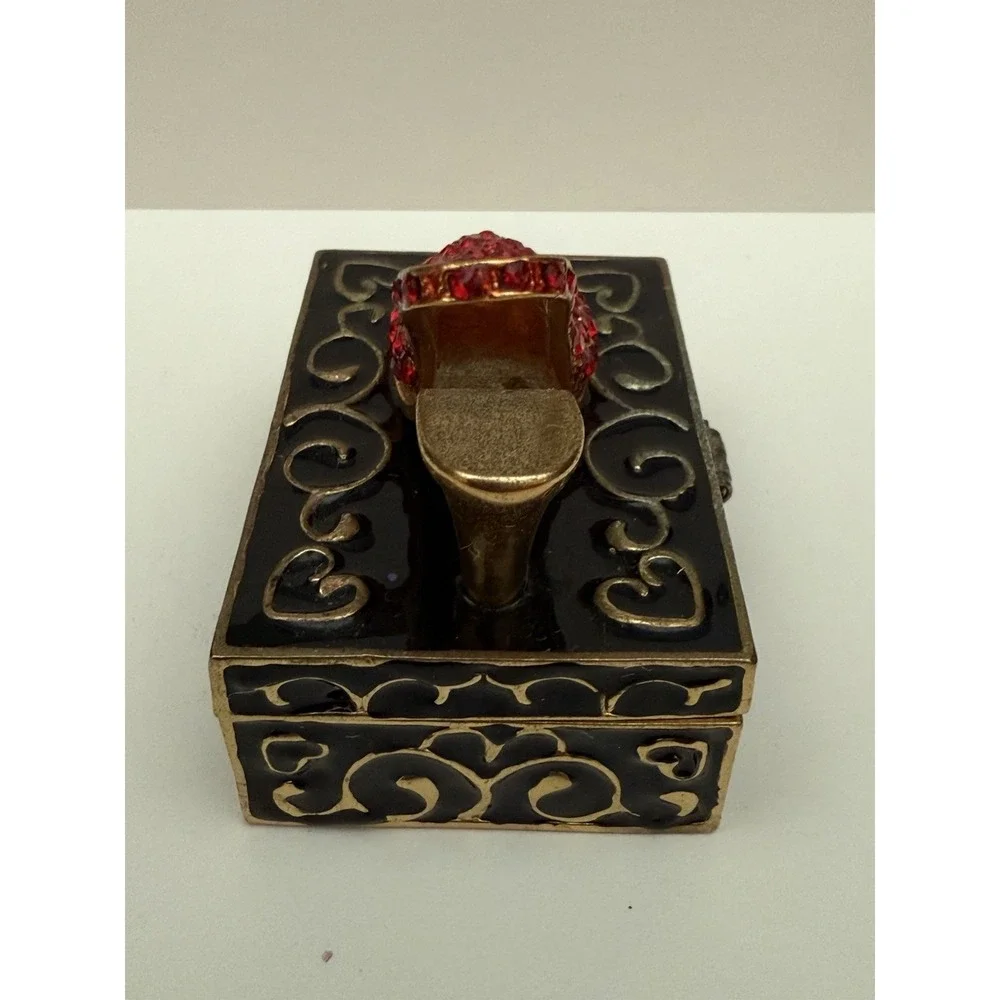 Trinket Pill Box Stiletto High Heel Ruby Red Slipper Jeweled Vintage Enamel‎